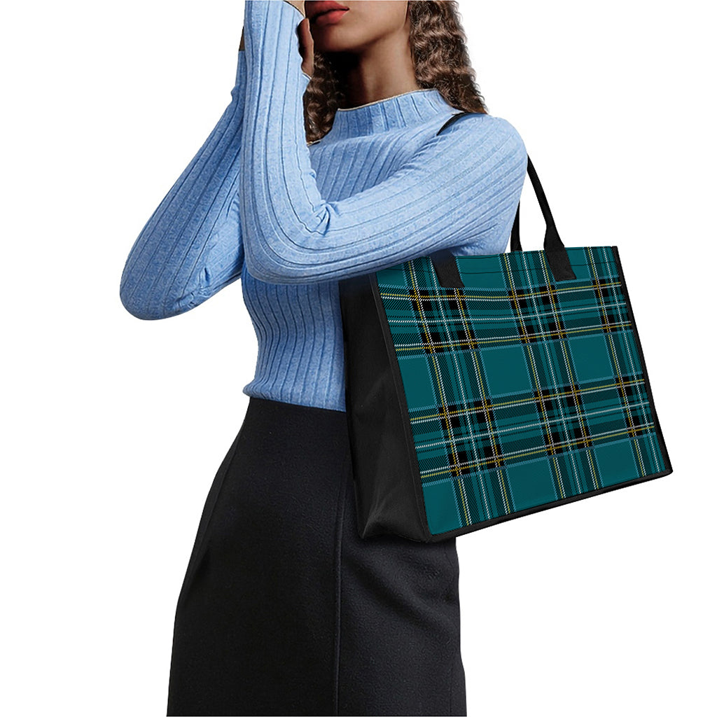 Teal Stewart Tartan Pattern Print Canvas Tote Bag