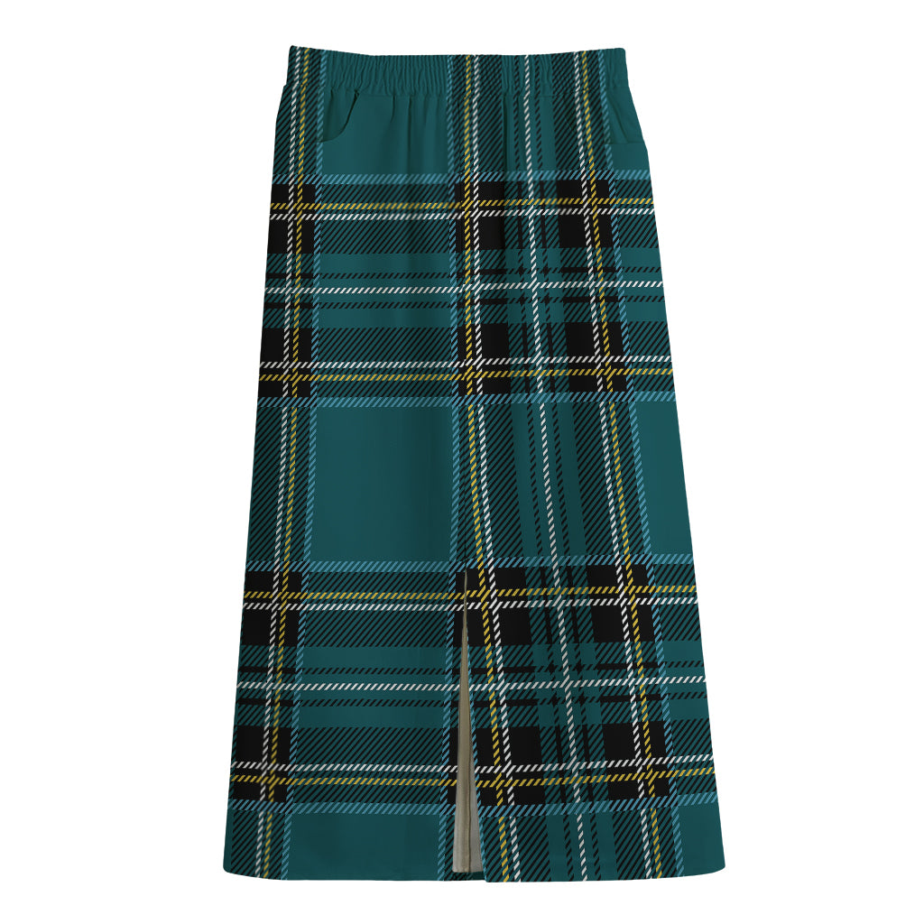 Teal Stewart Tartan Pattern Print Cotton Front Slit Maxi Skirt