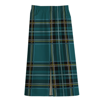 Teal Stewart Tartan Pattern Print Cotton Front Slit Maxi Skirt