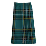 Teal Stewart Tartan Pattern Print Cotton Front Slit Maxi Skirt