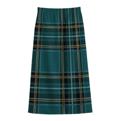 Teal Stewart Tartan Pattern Print Cotton Front Slit Maxi Skirt