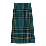 Teal Stewart Tartan Pattern Print Cotton Front Slit Maxi Skirt