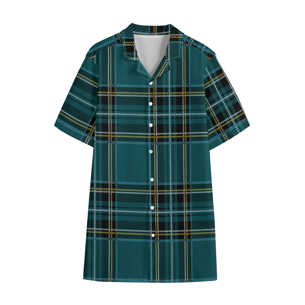 Teal Stewart Tartan Pattern Print Cotton Hawaiian Shirt