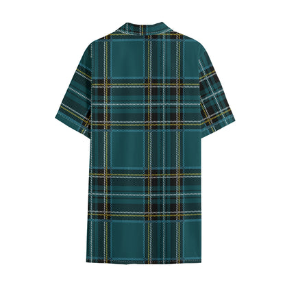 Teal Stewart Tartan Pattern Print Cotton Hawaiian Shirt