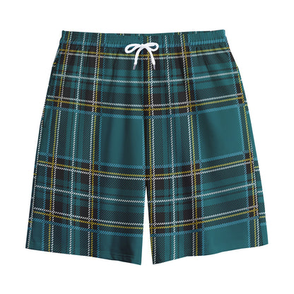 Teal Stewart Tartan Pattern Print Cotton Shorts
