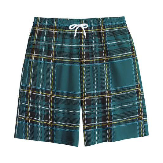 Teal Stewart Tartan Pattern Print Cotton Shorts
