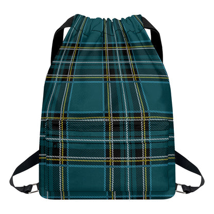 Teal Stewart Tartan Pattern Print Drawstring Backpack