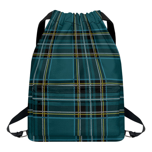 Teal Stewart Tartan Pattern Print Drawstring Backpack