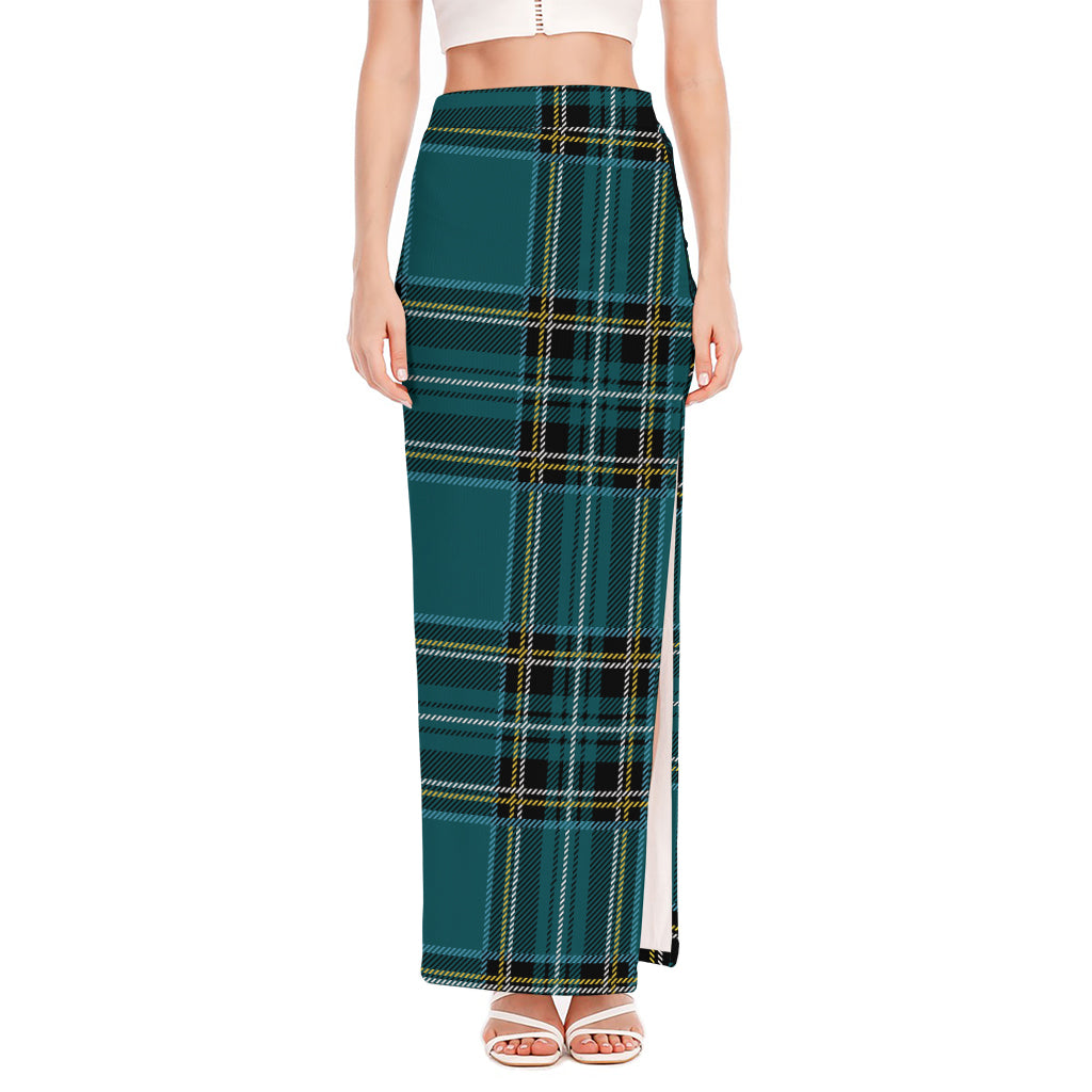Teal Stewart Tartan Pattern Print High Slit Maxi Skirt