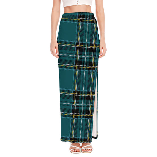 Teal Stewart Tartan Pattern Print High Slit Maxi Skirt