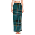 Teal Stewart Tartan Pattern Print High Slit Maxi Skirt