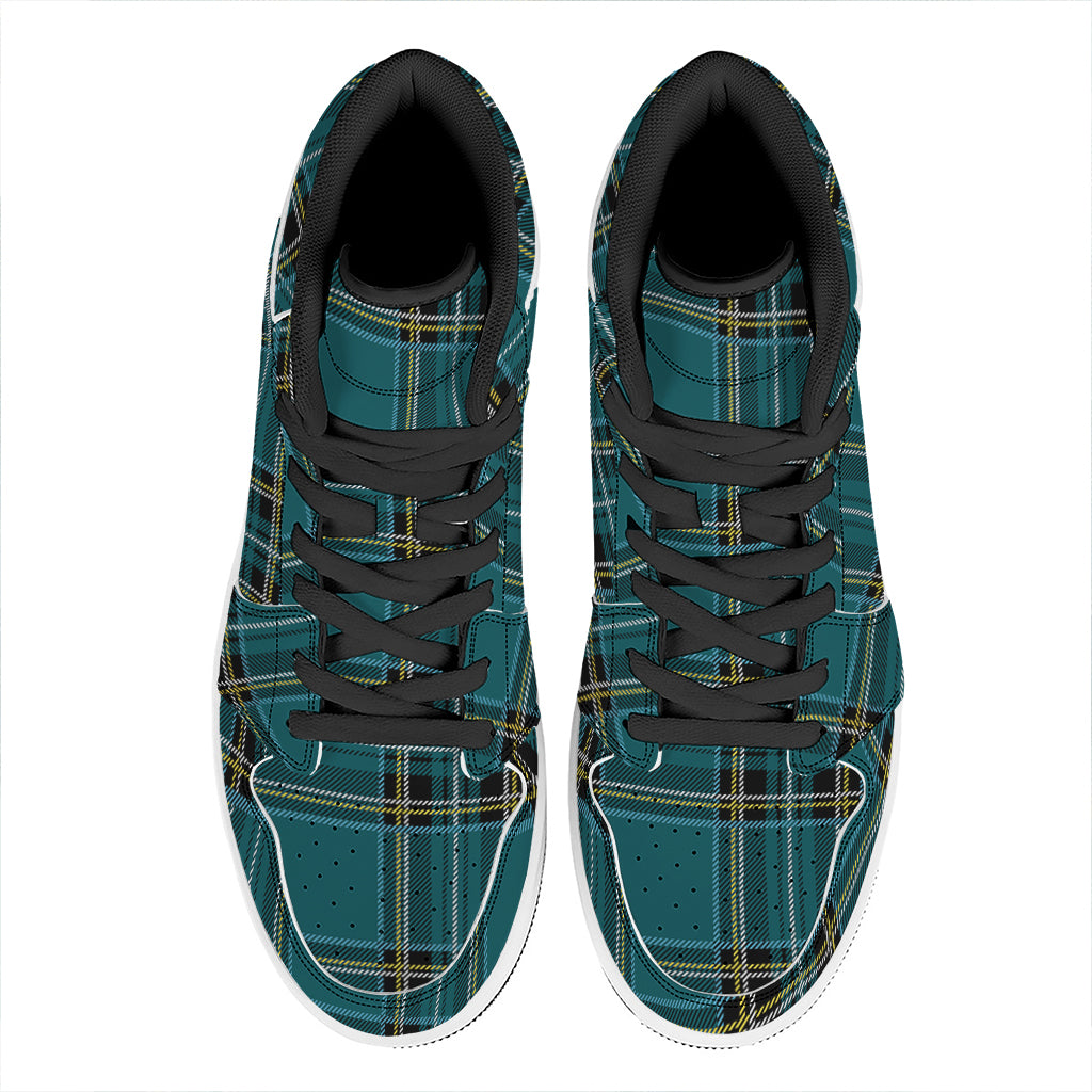 Teal Stewart Tartan Pattern Print High Top Leather Sneakers