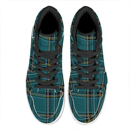 Teal Stewart Tartan Pattern Print High Top Leather Sneakers
