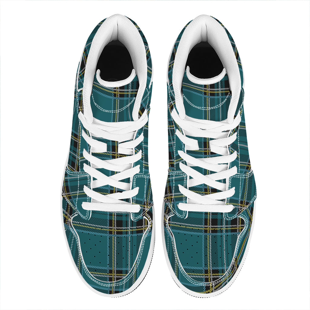 Teal Stewart Tartan Pattern Print High Top Leather Sneakers