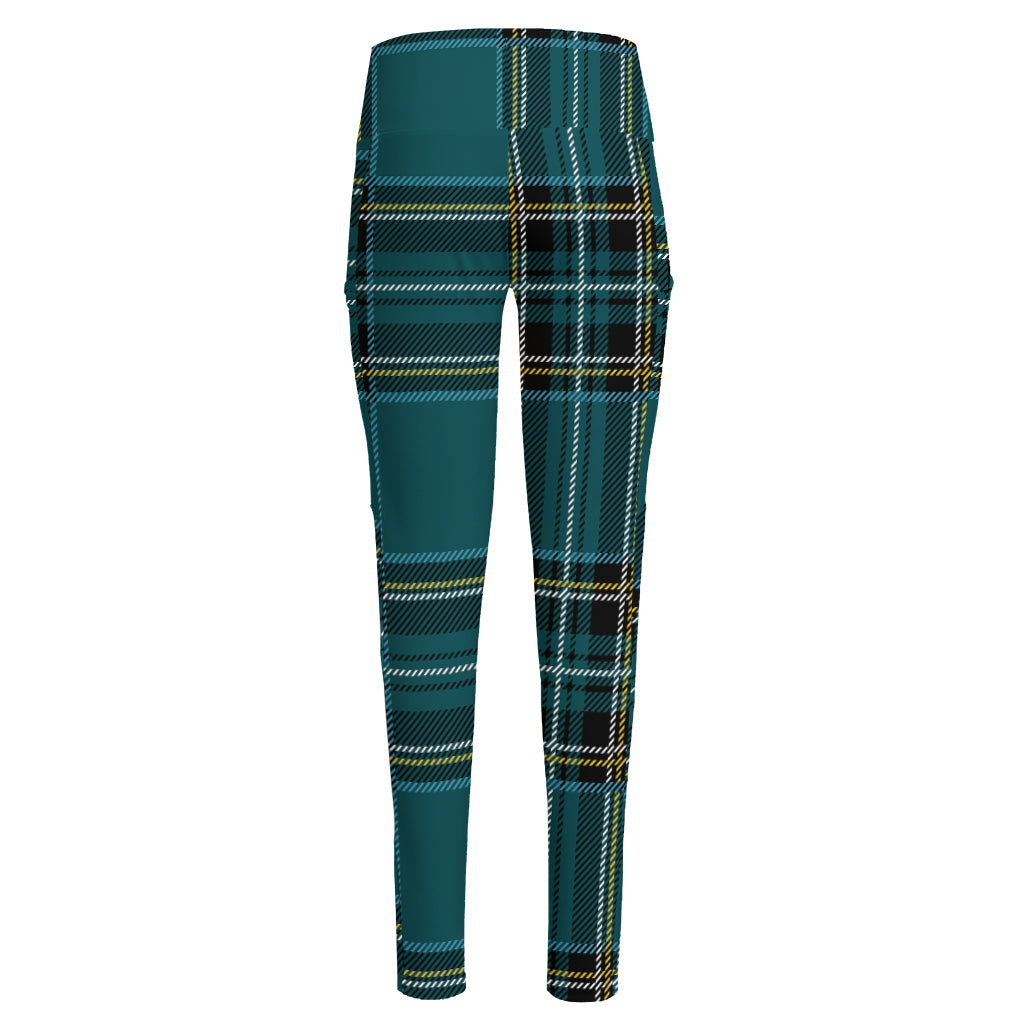 Teal Stewart Tartan Pattern Print High-Waisted Pocket Leggings