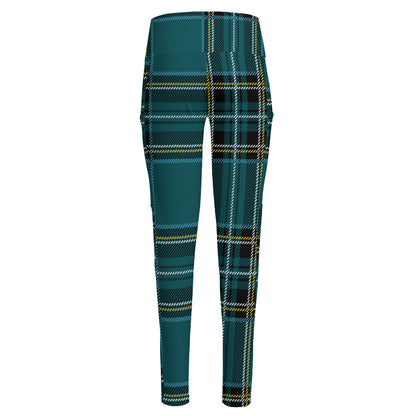 Teal Stewart Tartan Pattern Print High-Waisted Pocket Leggings