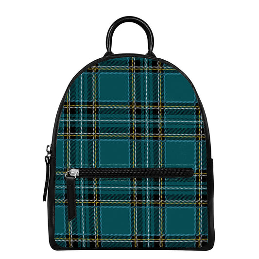 Teal Stewart Tartan Pattern Print Leather Backpack