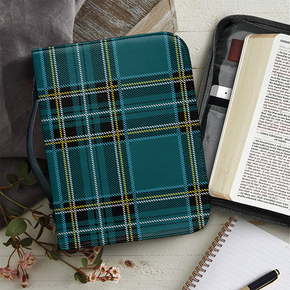Teal Stewart Tartan Pattern Print Leather Bible Cover