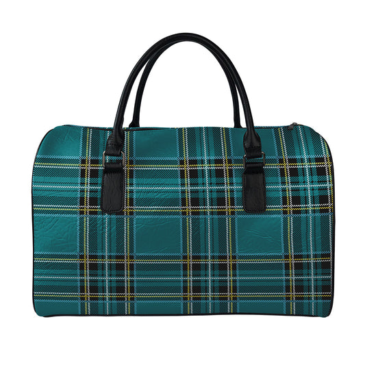 Teal Stewart Tartan Pattern Print Leather Duffle Bag