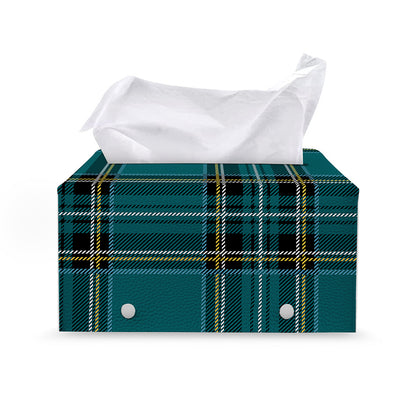 Teal Stewart Tartan Pattern Print Leather Tissue Box Cover