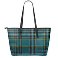 Teal Stewart Tartan Pattern Print Leather Tote Bag With Zipper