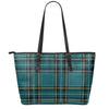 Teal Stewart Tartan Pattern Print Leather Tote Bag