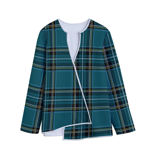 Teal Stewart Tartan Pattern Print Long Sleeve Short Coat