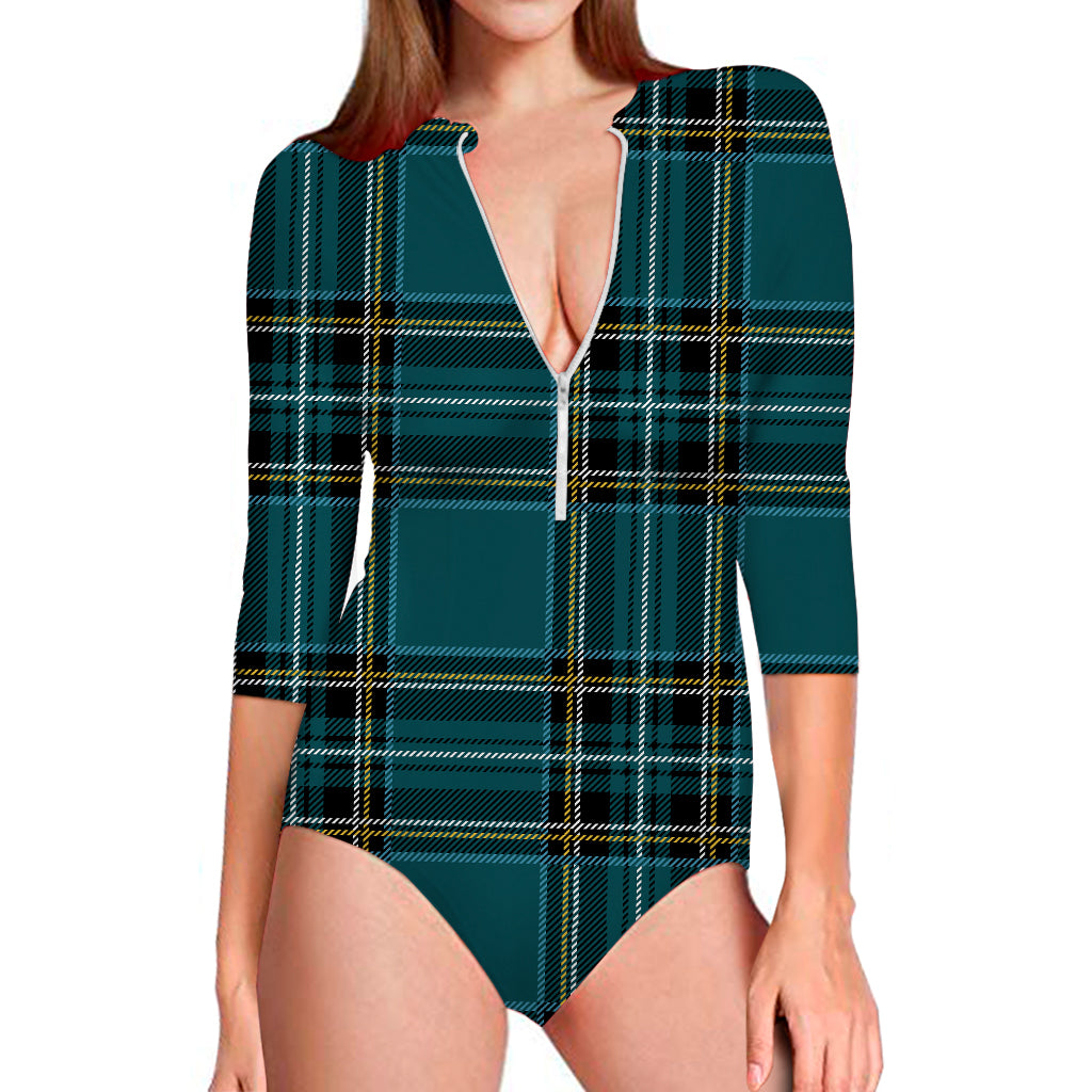 Teal Stewart Tartan Pattern Print Long Sleeve Swimsuit