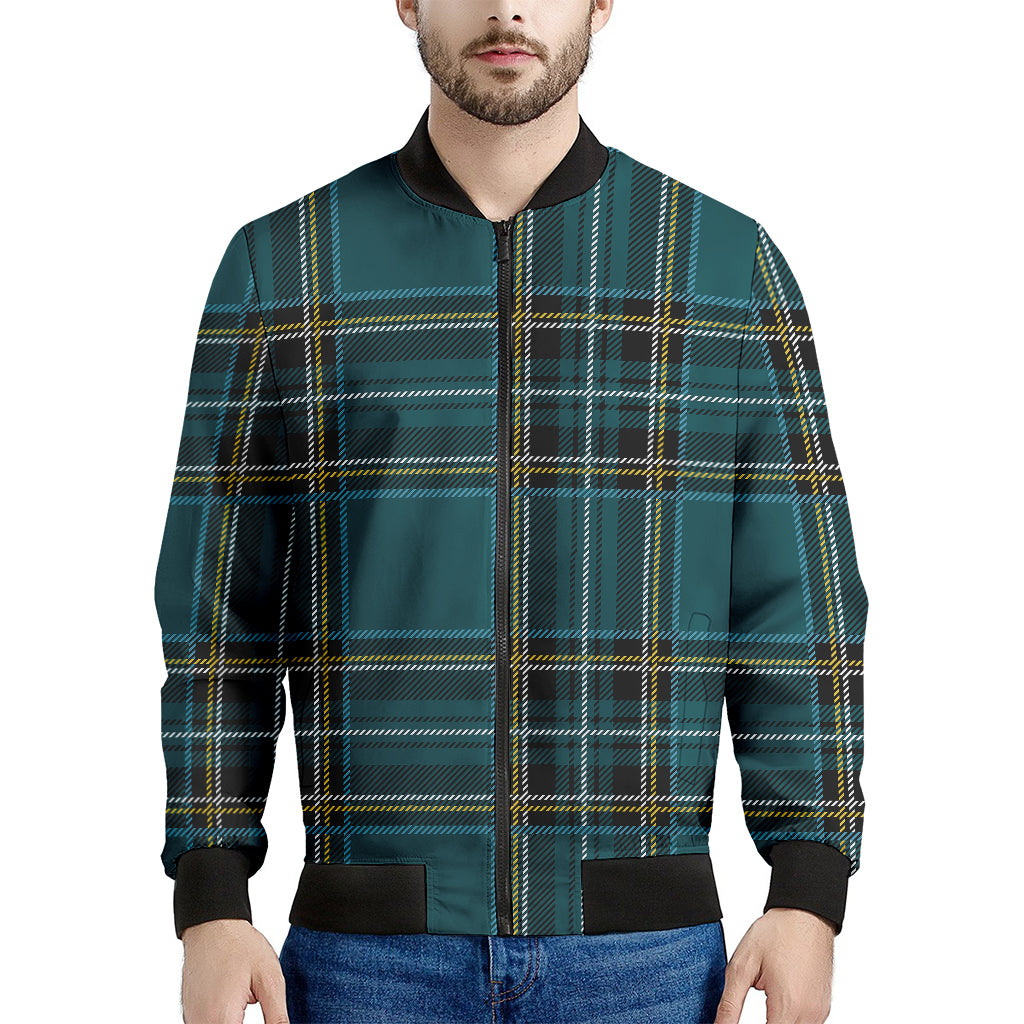 Teal Stewart Tartan Pattern Print Men's Bomber Jacket