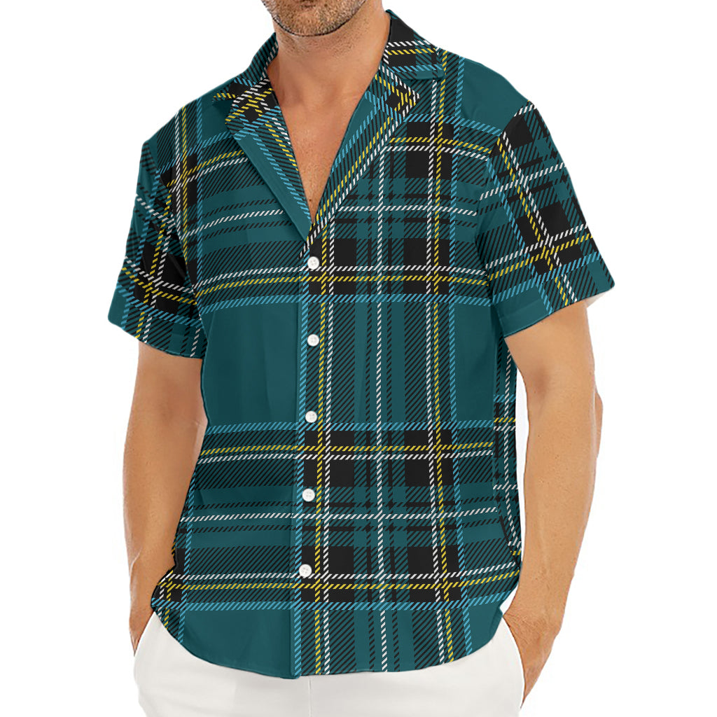 Teal Stewart Tartan Pattern Print Men's Deep V-Neck Shirt