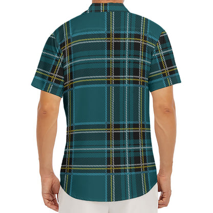 Teal Stewart Tartan Pattern Print Men's Deep V-Neck Shirt