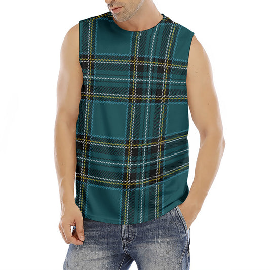 Teal Stewart Tartan Pattern Print Men's Fitness Tank Top