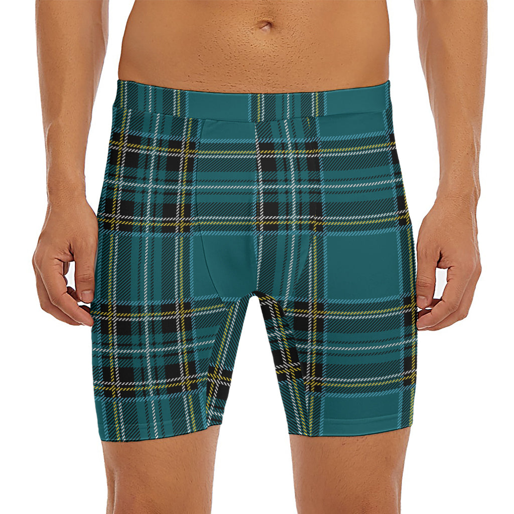 Teal Stewart Tartan Pattern Print Men's Long Boxer Briefs