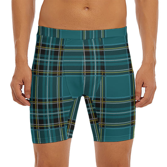 Teal Stewart Tartan Pattern Print Men's Long Boxer Briefs