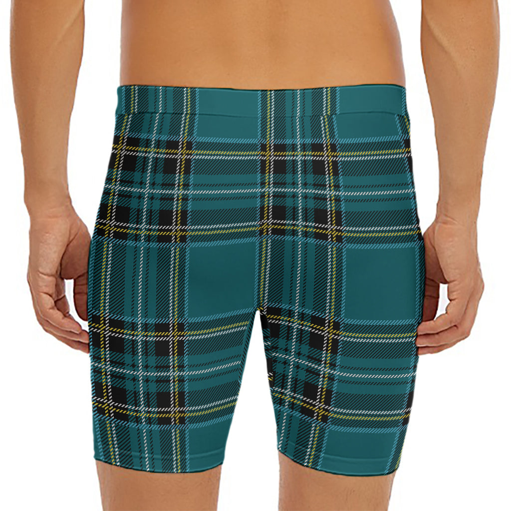 Teal Stewart Tartan Pattern Print Men's Long Boxer Briefs