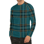 Teal Stewart Tartan Pattern Print Men's Long Sleeve Rash Guard