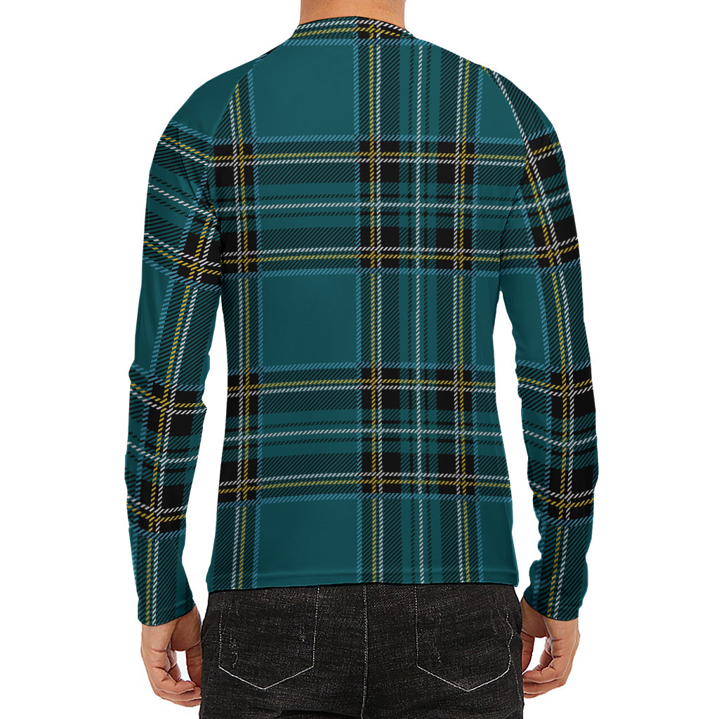 Teal Stewart Tartan Pattern Print Men's Long Sleeve Rash Guard