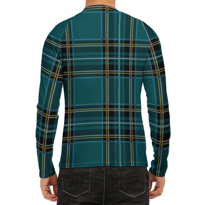 Teal Stewart Tartan Pattern Print Men's Long Sleeve Rash Guard