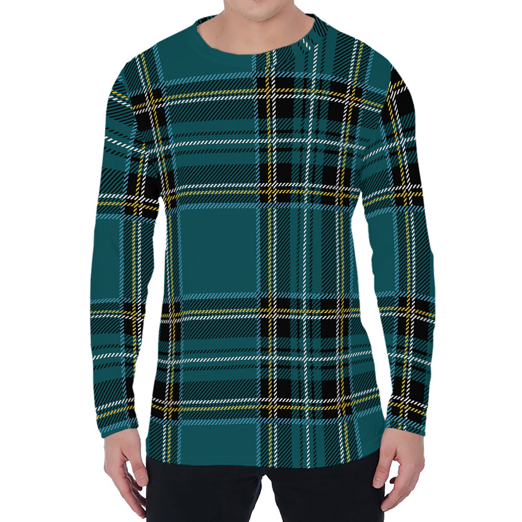 Teal Stewart Tartan Pattern Print Men's Long Sleeve T-Shirt