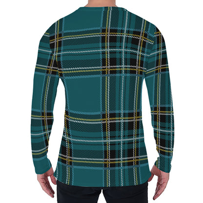 Teal Stewart Tartan Pattern Print Men's Long Sleeve T-Shirt