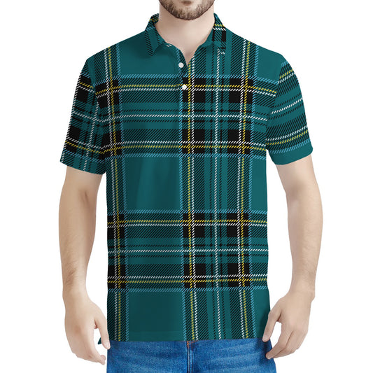 Teal Stewart Tartan Pattern Print Men's Polo Shirt