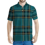 Teal Stewart Tartan Pattern Print Men's Polo Shirt