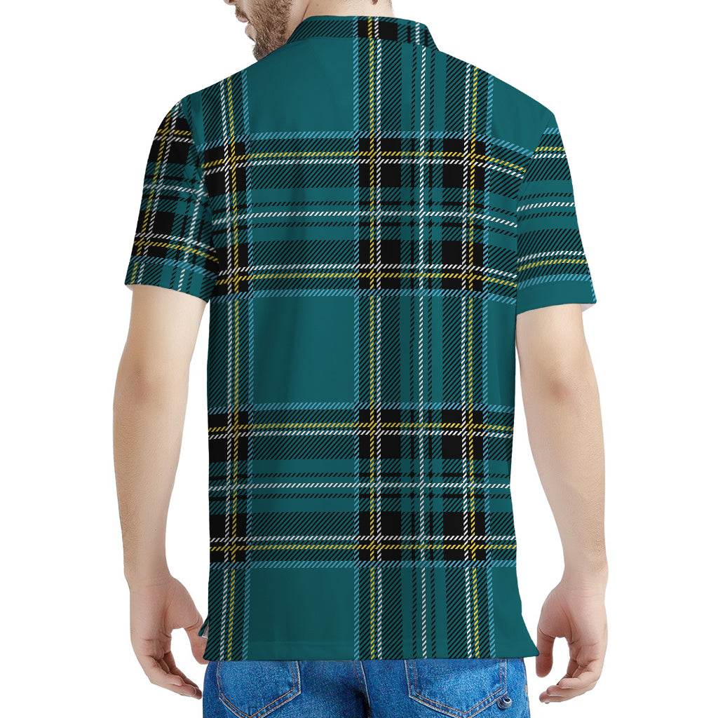 Teal Stewart Tartan Pattern Print Men's Polo Shirt