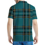 Teal Stewart Tartan Pattern Print Men's Polo Shirt