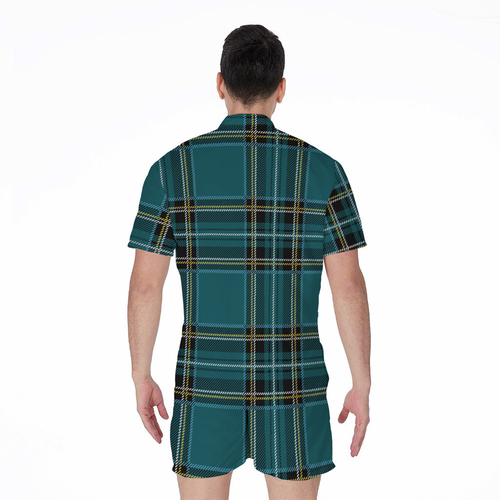 Teal Stewart Tartan Pattern Print Men's Rompers