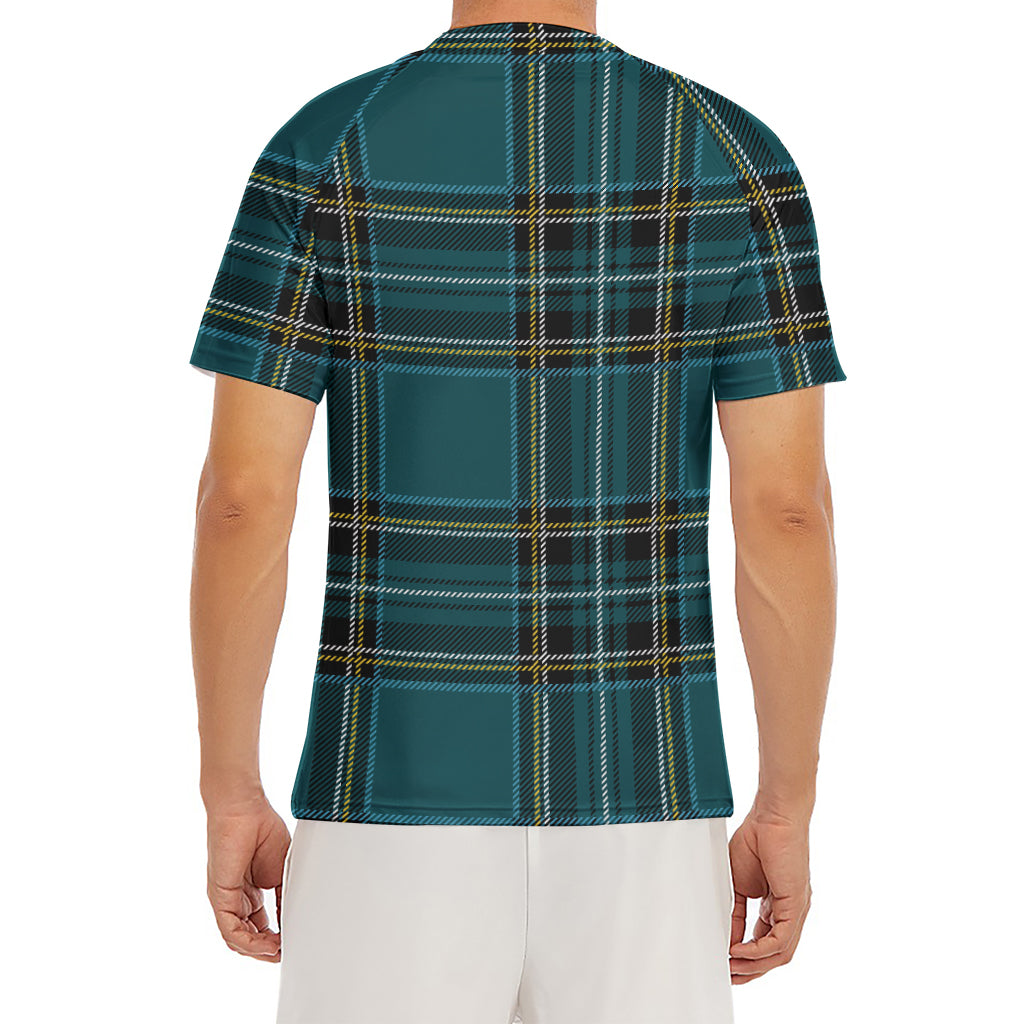 Teal Stewart Tartan Pattern Print Men's Short Sleeve Rash Guard