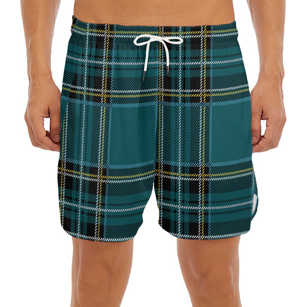 Teal Stewart Tartan Pattern Print Men's Split Running Shorts