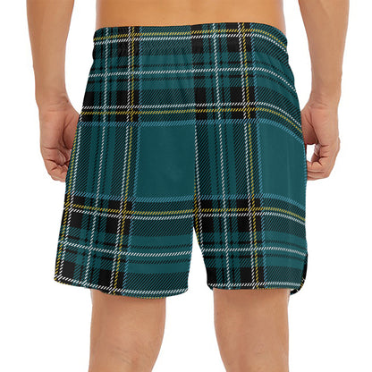 Teal Stewart Tartan Pattern Print Men's Split Running Shorts