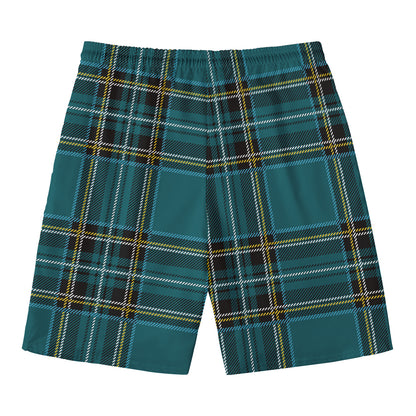 Teal Stewart Tartan Pattern Print Men's Swim Trunks