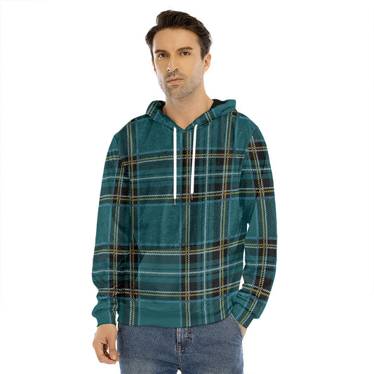 Teal Stewart Tartan Pattern Print Men's Velvet Pullover Hoodie